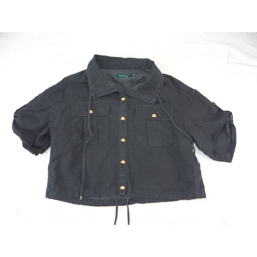 Lauren Ralph Lauren Black Cropped Utility Jacket Gold Button Drawstring Size 4‎